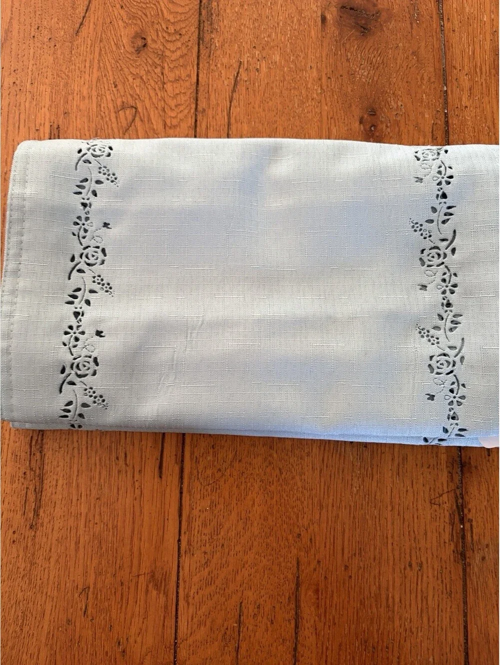 Vintage Style Table Runner Solid Blue Green With Cutwork Floral Border  12x68”